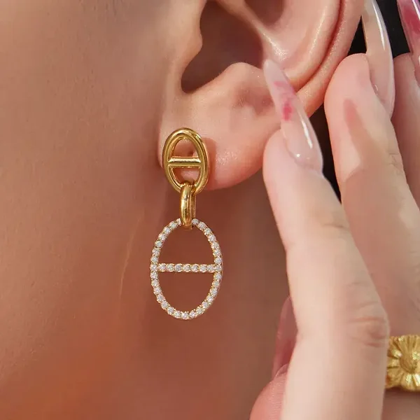Boucles D'Oreilles Pendantes Plaqué Or 18K Maillon d'Ancre Zircon