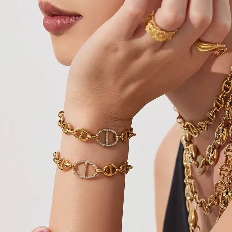 Bracelet Plaqué Or 18K Maillon d'Ancre Zircon