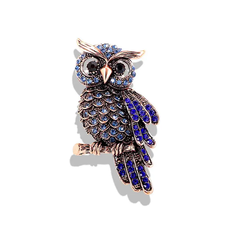 Broche Hibou En Métal Rosé Strass De Cristal Bleu