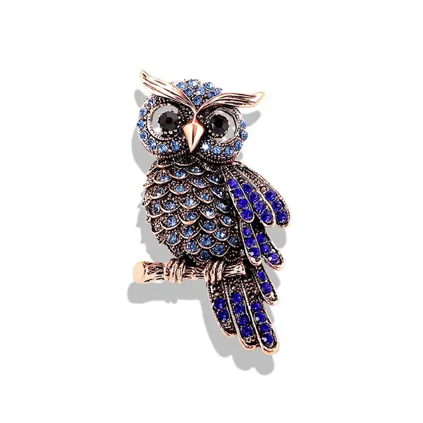 Broche Hibou En Métal Rosé Strass De Cristal Bleu