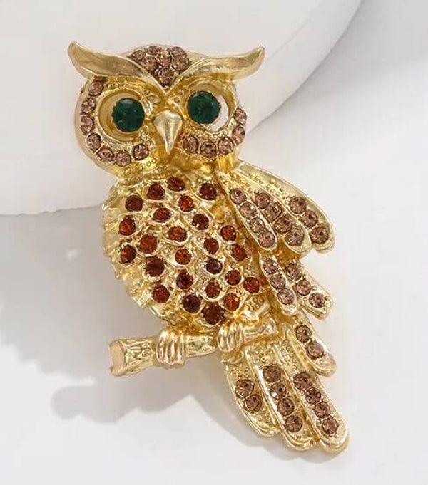 Broche Hibou En Métal Doré Strass De Cristal Ambre Marron