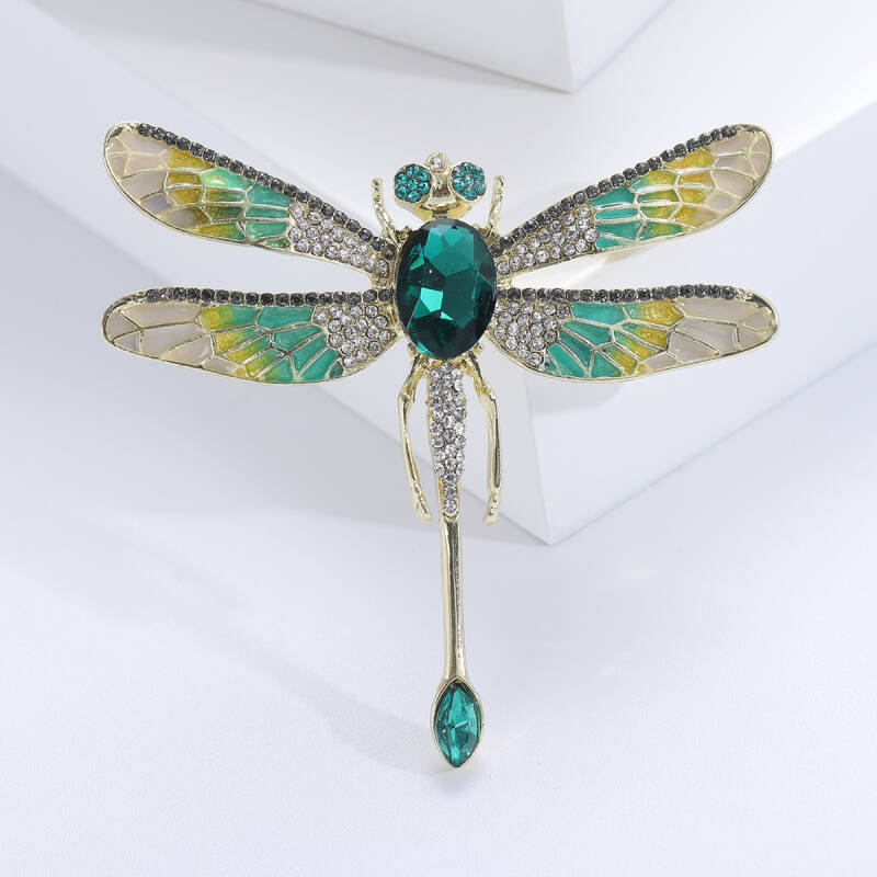 Broche Silhouette Fine de Libellule Vert Emeraude