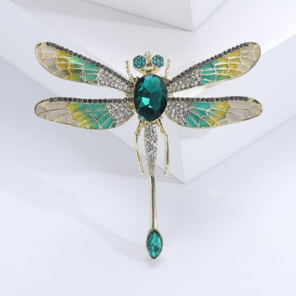 Broche Silhouette Fine de Libellule Vert Emeraude
