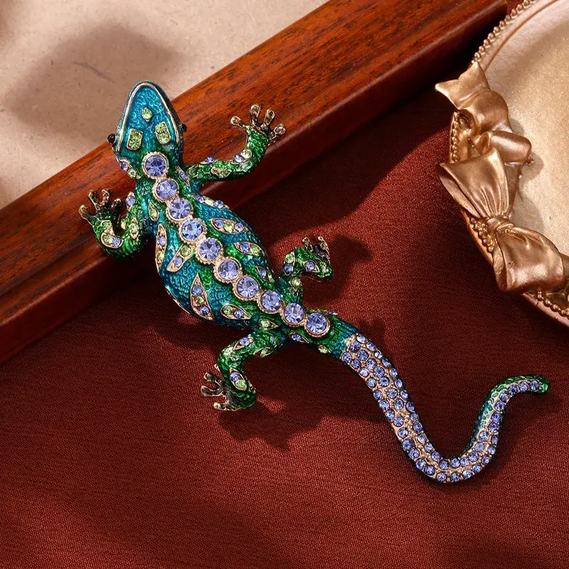 Broche Lézard Bicolore Email Bleu et Vert
