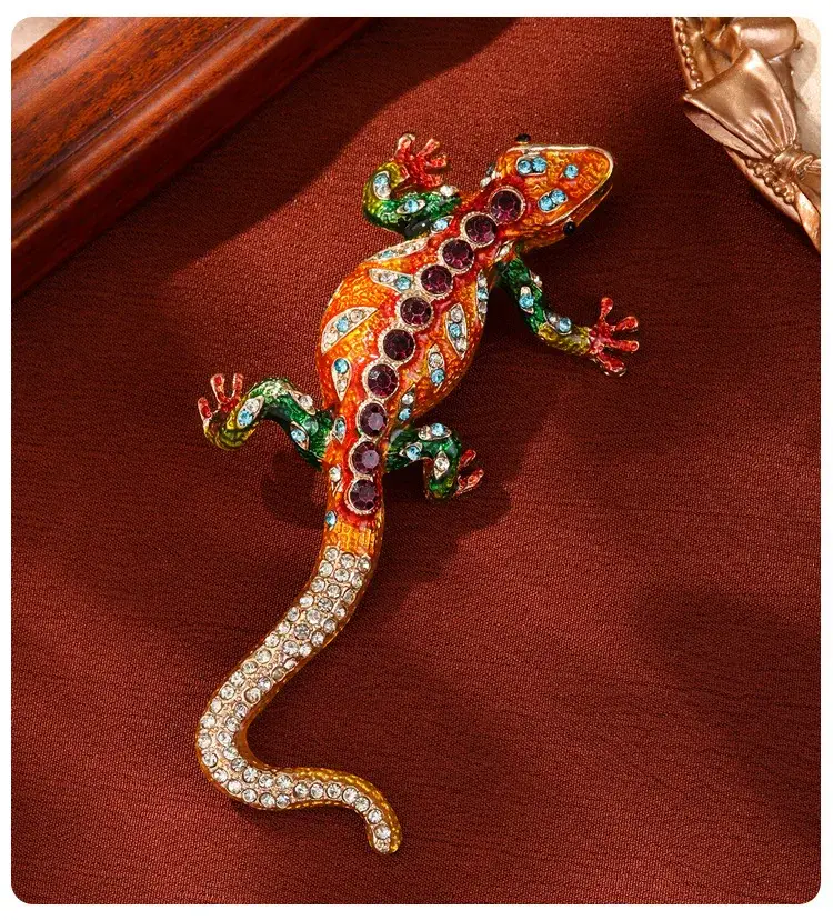 Broche Lézard Bicolore Email Orange et Vert