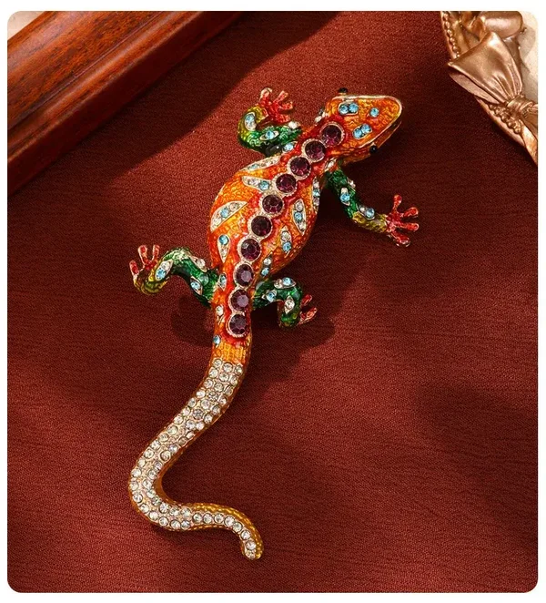 Broche Lézard Bicolore Email Orange et Vert