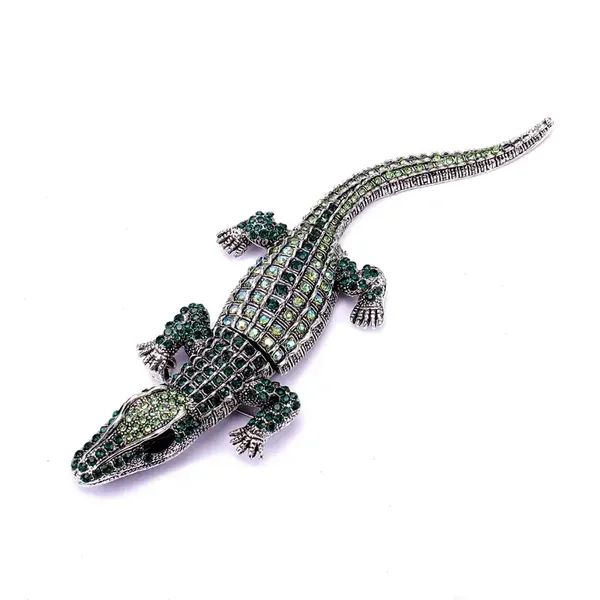 Broche Crocodile Articulé Strass Vert