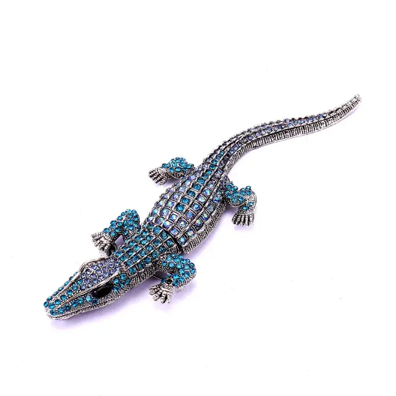 Broche Crocodile Articulé Strass Bleu