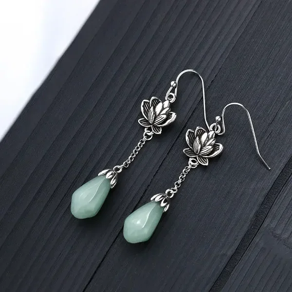 Boucles d'oreilles bohême Fleur de Lotus Argent blanc Pierre naturelle