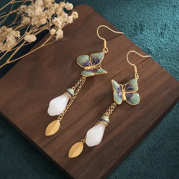 Boucles d'oreilles bohême Papillons Argent Plaqué Or Jaune Pierre naturelle