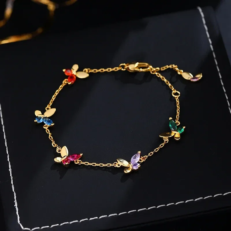 Bracelet Plaqué Or Jaune Papillons Multicolores
