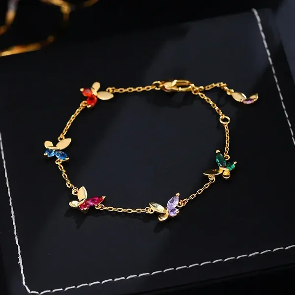 Bracelet Plaqué Or Jaune Papillons Multicolores