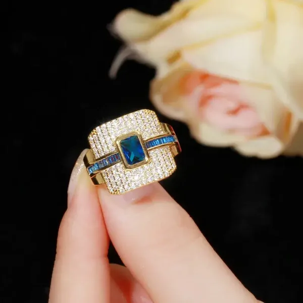 Bague carrée XL Plaqué Or 18K Zircon Rectangle Bleu