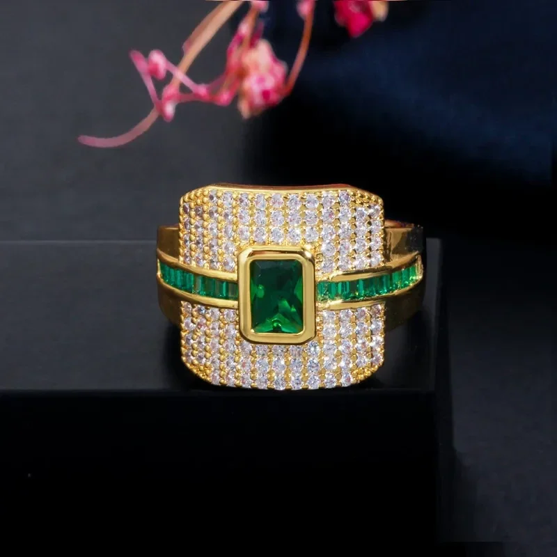 Bague carrée XL Plaqué Or 18K Zircon Rectangle Vert