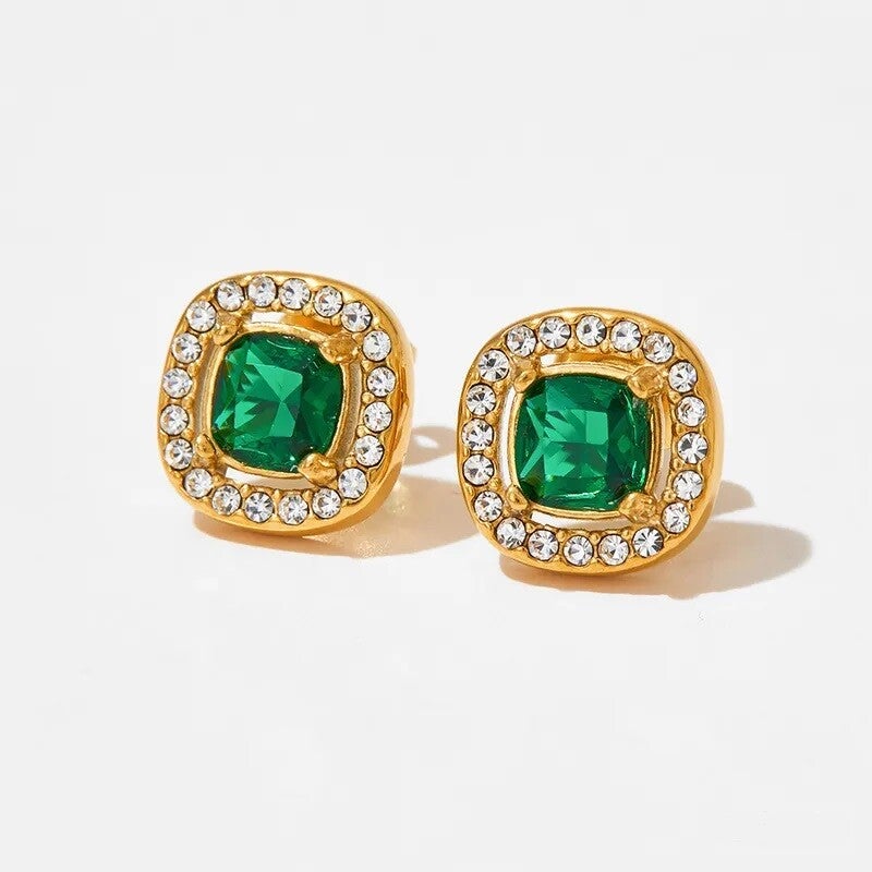 Boucles D'oreilles Puces Plaqué Or 18K Carré Zircon Vert