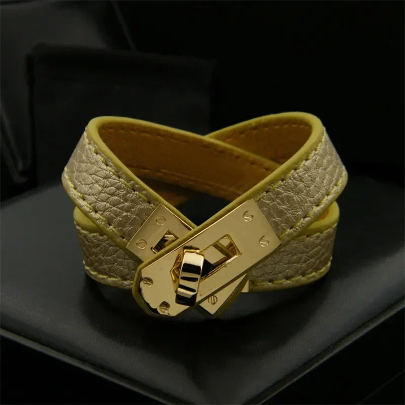 Bracelet Iconique Double Tour En Cuir Doré Irisé