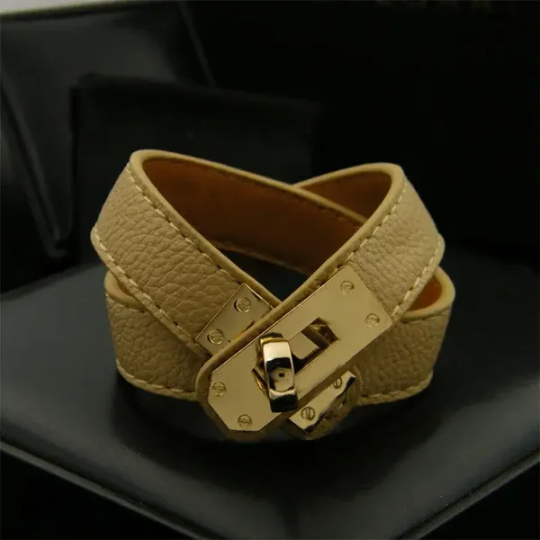 Bracelet Iconique Double Tour En Cuir Beige