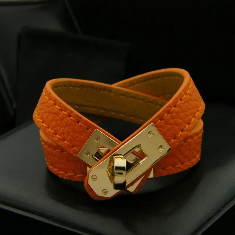 Bracelet Iconique Double Tour En Cuir Orange