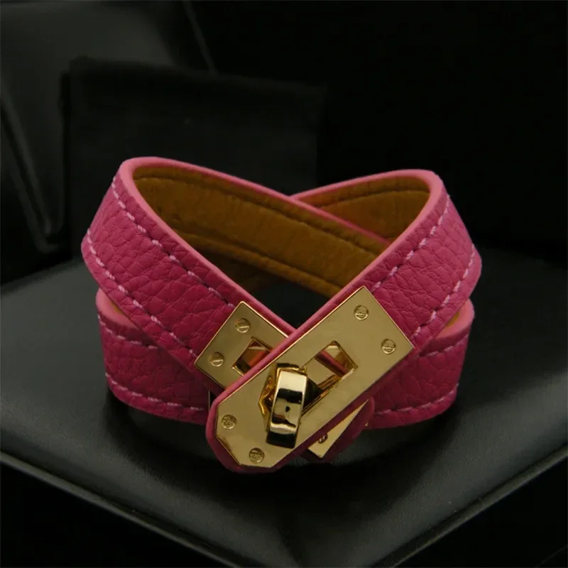 Bracelet Iconique Double Tour En Cuir Rose