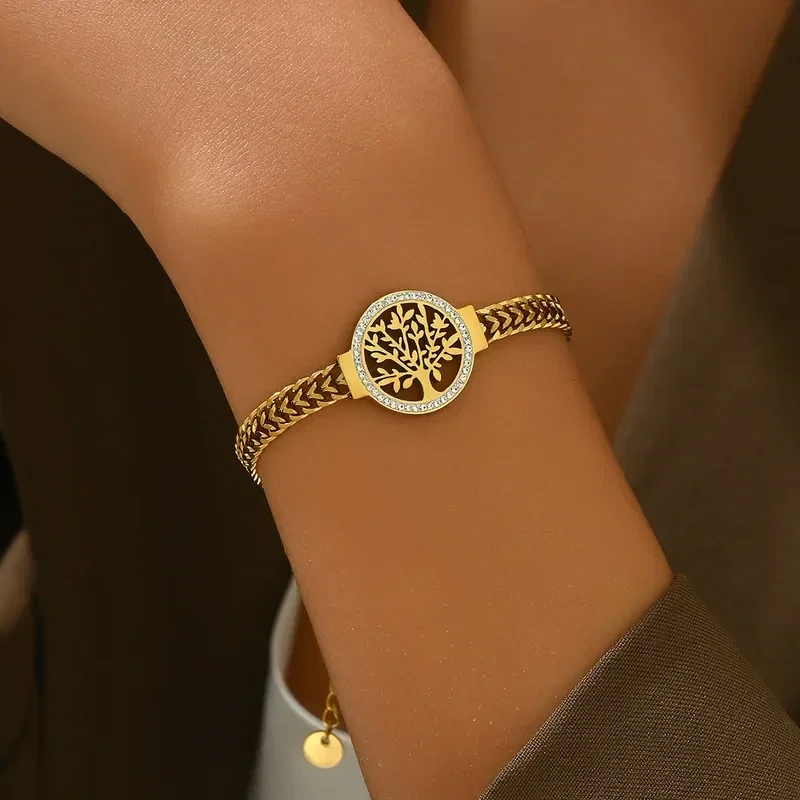 Bracelet Gourmette Arbre de Vie Acier Doré Or 14K Zircon