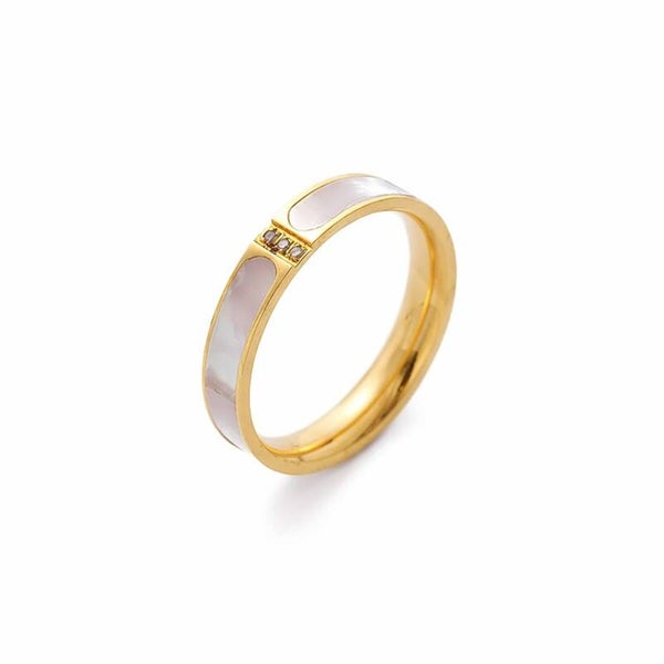 Bague Anneau Plaqué Or 18K Zircon Bande Nacrée