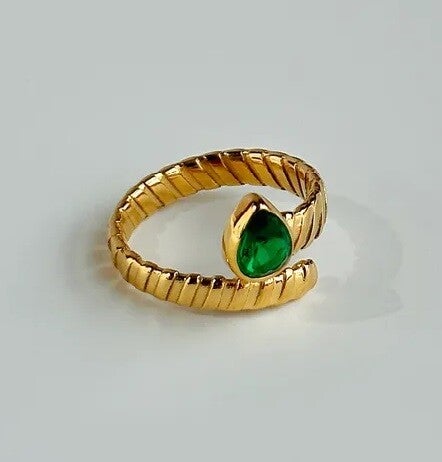 Bague Ouverte Plaqué Or 18K Zircon Poire Vert