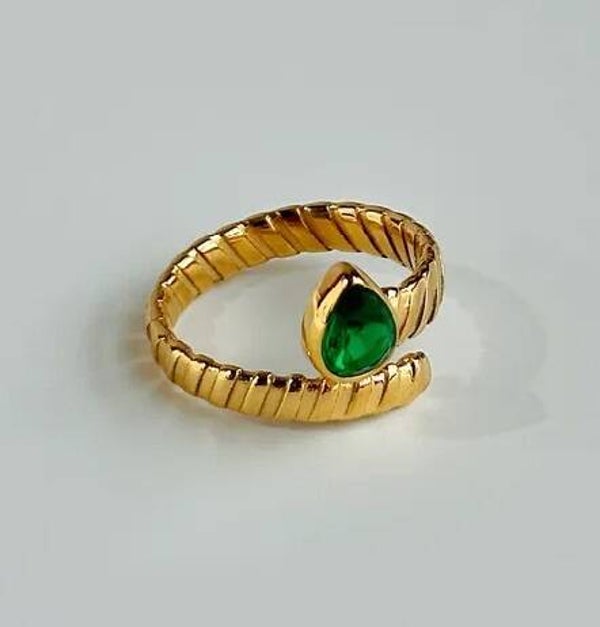 Bague Ouverte Plaqué Or 18K Zircon Poire Vert