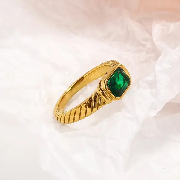 Bague Plaqué Or 18K Zircon Rectangle Vert
