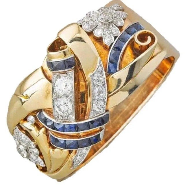 Bague XL Plaqué Or 18K Zircons Bleu et Blanc