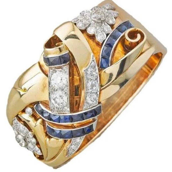 Bague XL Plaqué Or 18K Zircons Bleu et Blanc