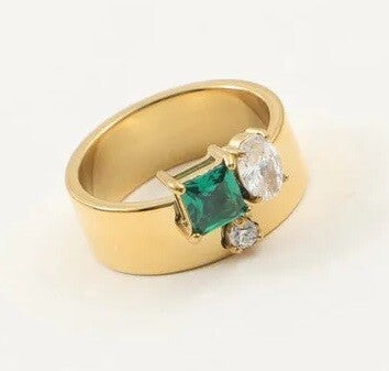 Bague Contemporaine Plaqué Or 18K Zircon Vert et Blanc