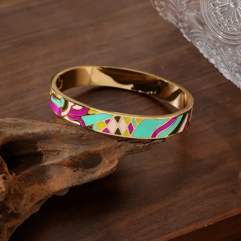 Bracelet Jonc Acier Doré Emaillé Multicolore