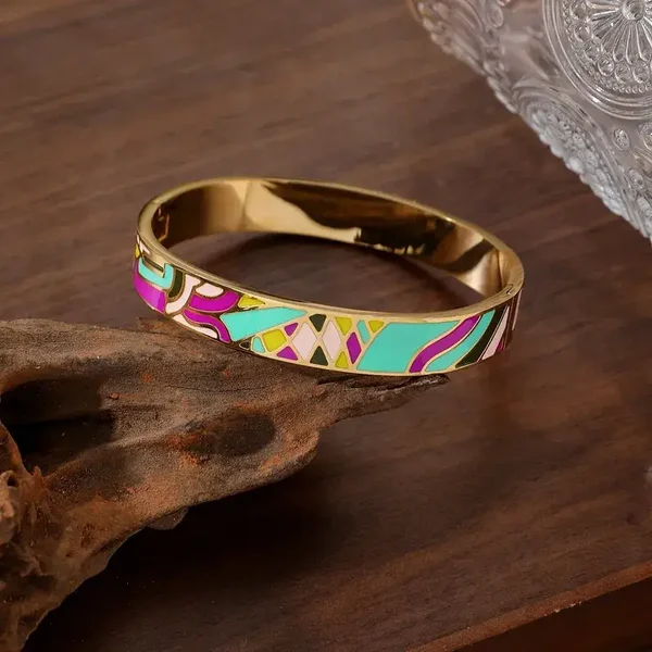 Bracelet Jonc Acier Doré Emaillé Multicolore