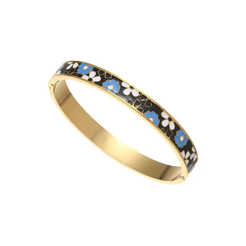 Bracelet Jonc Acier Doré Emaillé Motif Fleurs