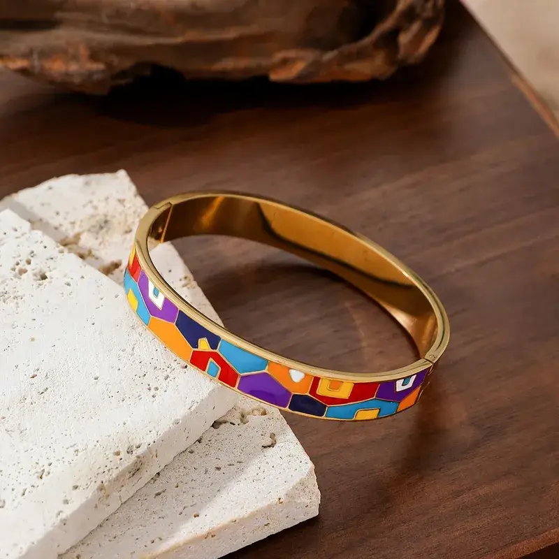 Bracelet Jonc Acier Doré Emaillé Multicolore