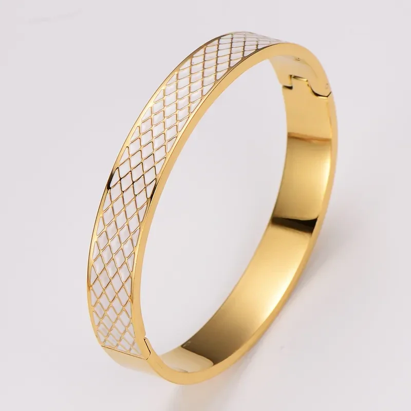 Bracelet Jonc Acier Doré Emaillé Epoxy Blanc Motif Géométrique