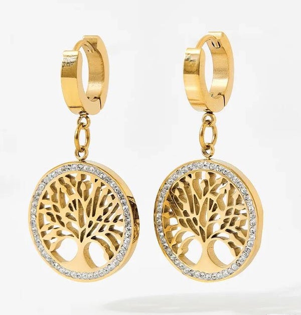Boucles D'Oreilles Pendantes Arbre de Vie Plaqué Or Zircon