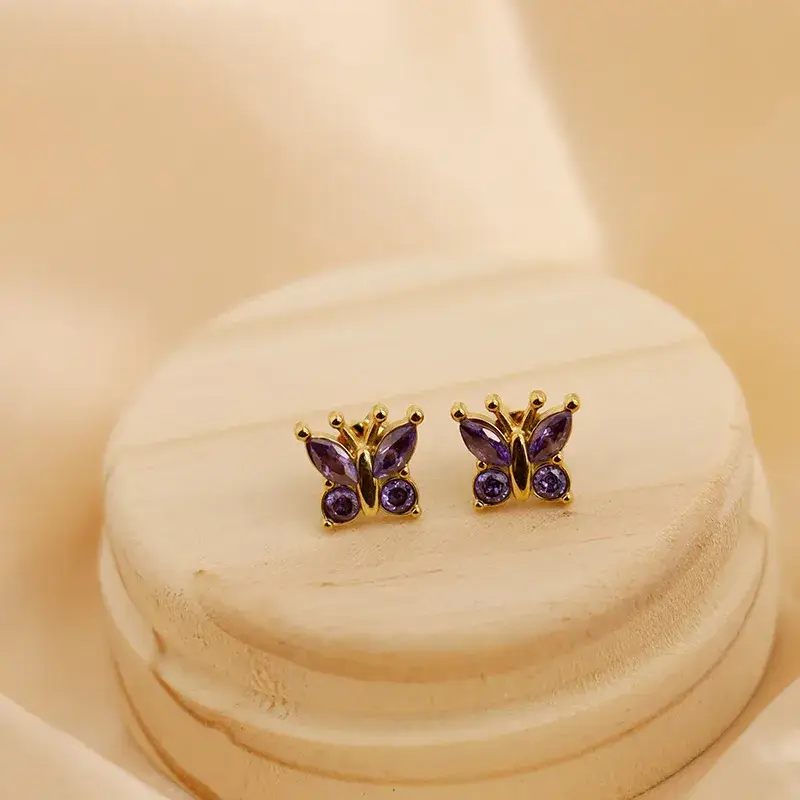 Boucles d'oreilles puces Papillon Zircon Mauve