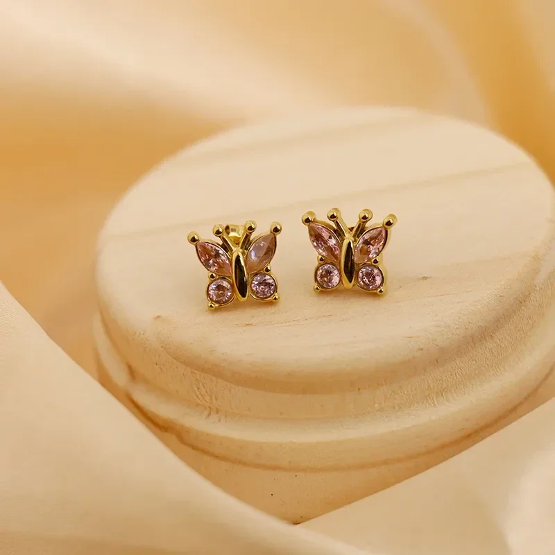 Boucles d'oreilles puces Papillon Zircon Rose