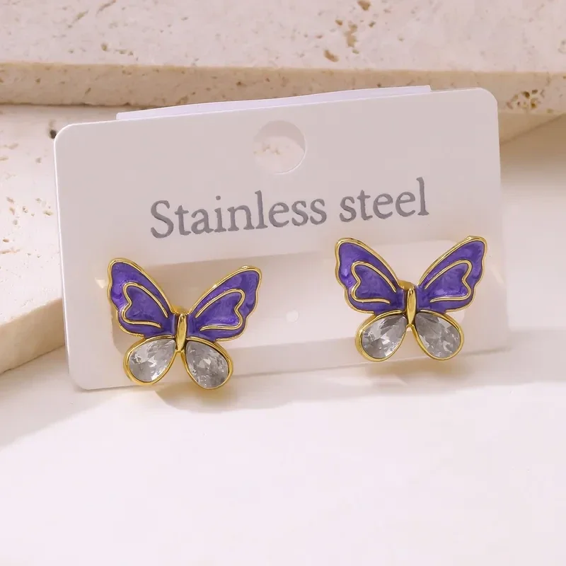 Boucles d'oreilles Puces Papillon Emaillé Mauve Strass
