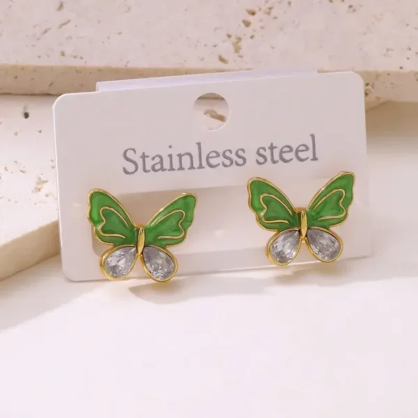 Boucles d'oreilles Puces Papillon Emaillé Vert Strass