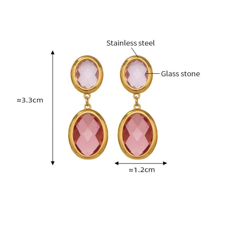 Boucles D'Oreilles Pendantes Plaqué or 18K Pierre en Verre à Facettes