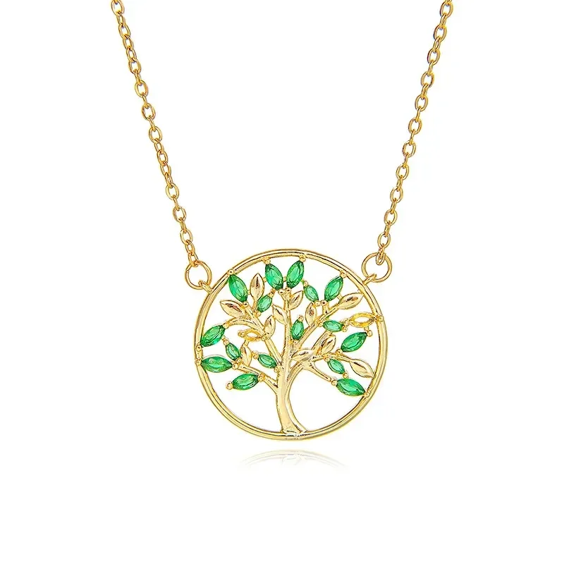 Collier Arbre de Vie Doré à l'Or Fin Oxyde de Zirconium Vert