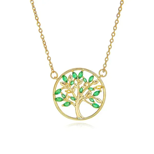 Collier Arbre de Vie Doré à l'Or Fin Oxyde de Zirconium Vert