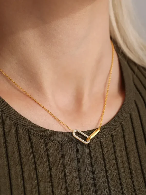 Collier Plaqué Or 18K Maillon Rectangles Enlacés Zircon