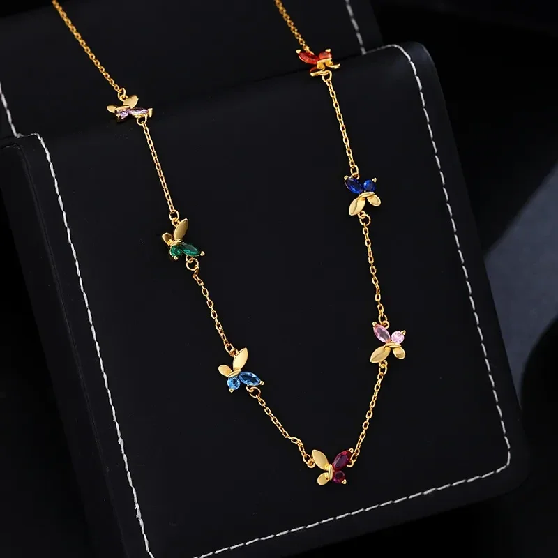 Collier Plaqué Or Jaune Papillons Multicolores