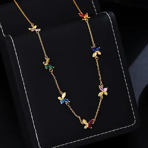 Collier Plaqué Or Jaune Papillons Multicolores