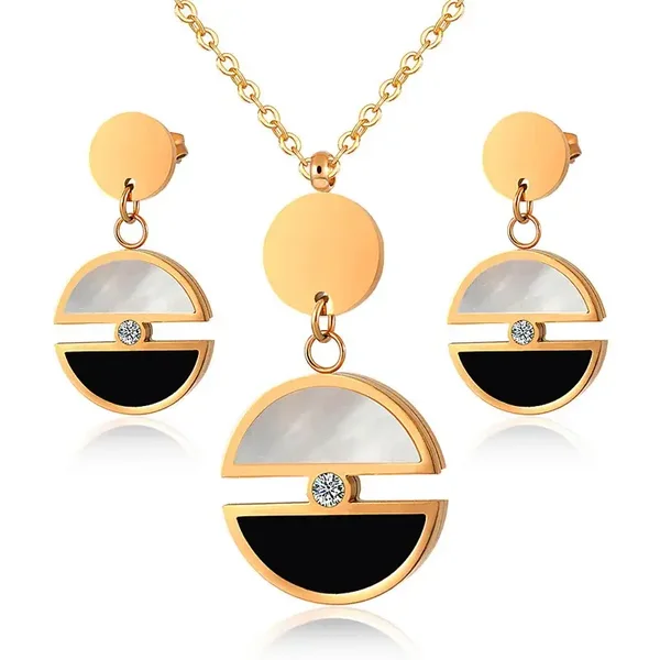 Parure Collier Boucles D'Oreilles Acier Plaqué Or 18K