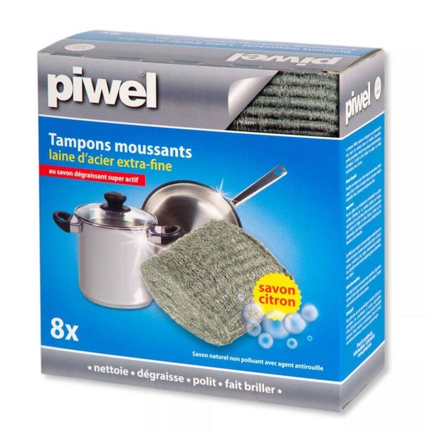 PIWEL Tampons moussants laine d'acier extra fine au savon dégraissant super actif  x8