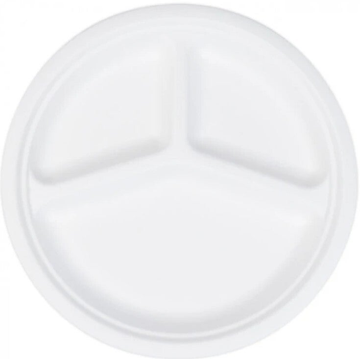 50 Assiettes rondes biodégradable bagasse 3 compartiments 26 cm